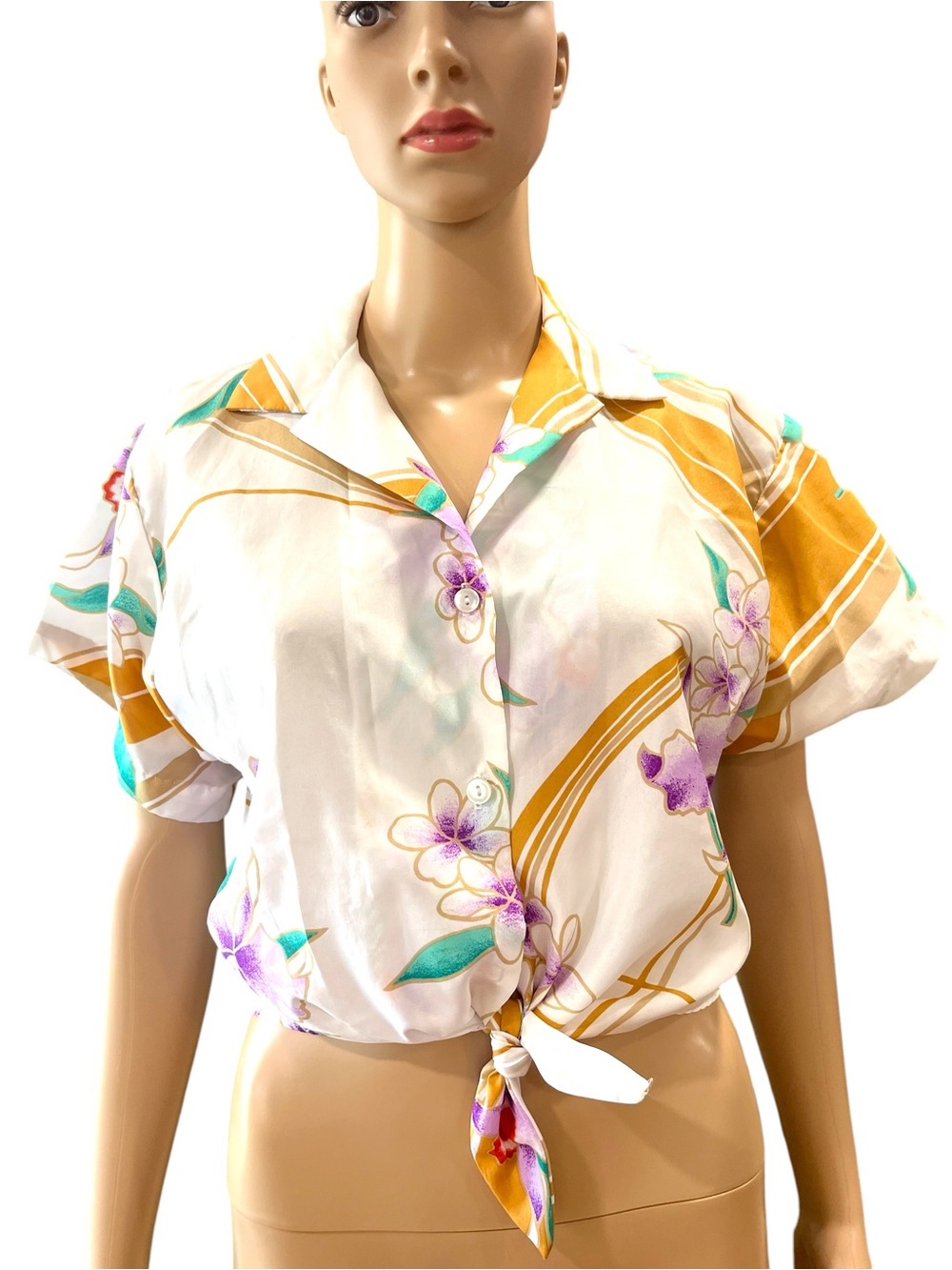 Vintage 80s Hilo Hattie Hawaiian Shirt Crop Tie Front Floral White Purple Orchid - Picture 2 of 8